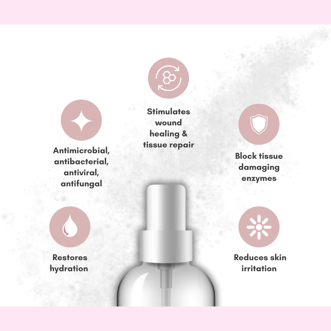 hypochlorous spray bottle by hale derma with benefis listed our favorite Anti Microbial Spray, Antibacterial spray for skin bottle on pink background from more than a pretty face