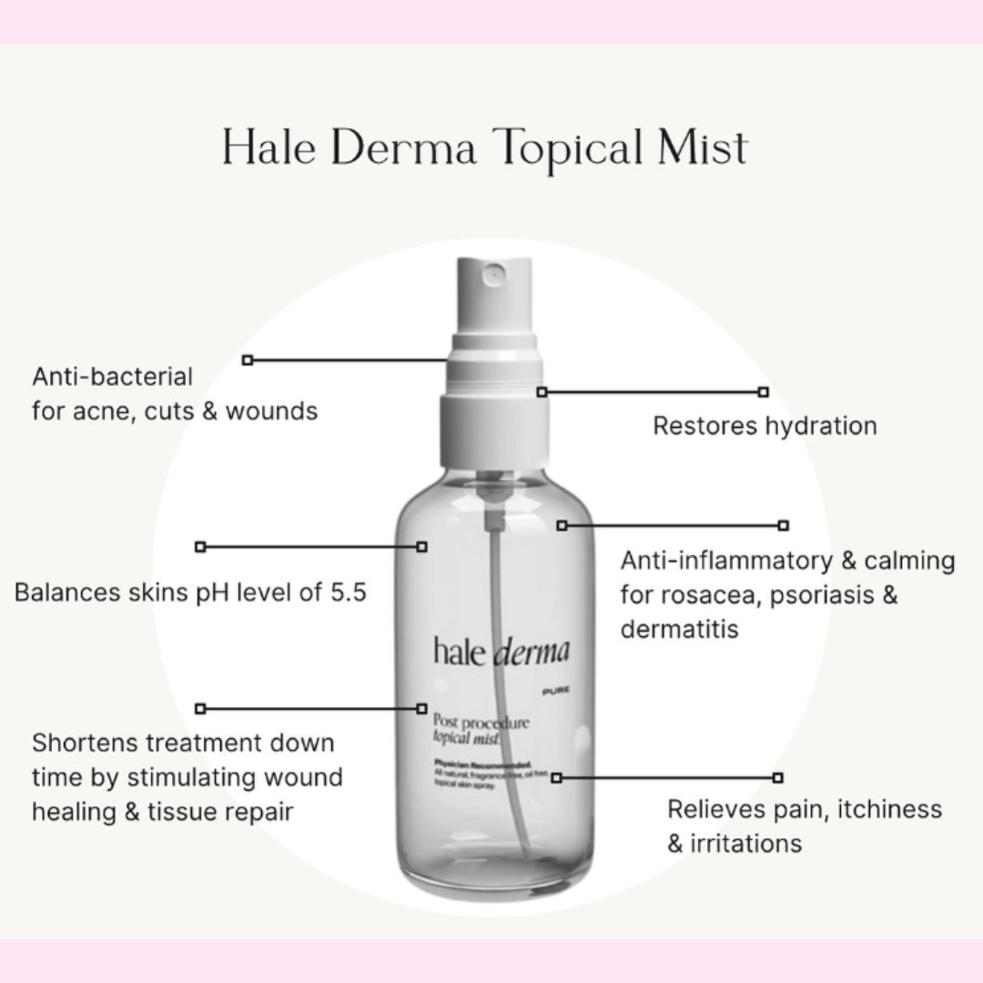 hypochlorous spray bottle by hale derma with benefis listed our favorite Anti Microbial Spray, Antibacterial spray for skin bottle on pink background from more than a pretty face